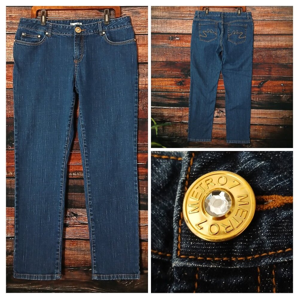 Metro 7 Jeans 16 Straight Mid Rise Rhinestone Embellished Dark Wash Denim